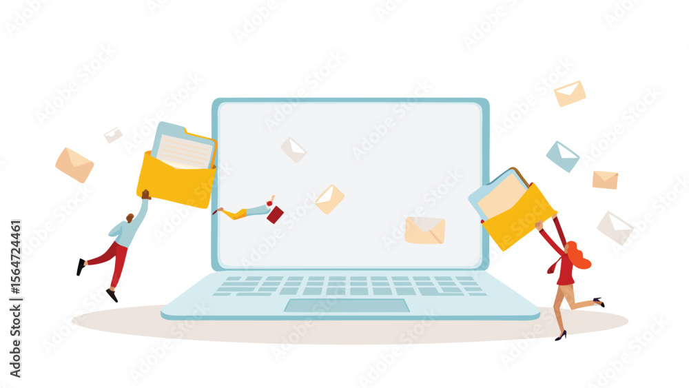 Poster people transferring files to a large laptop with floating envelopes and file folders around it