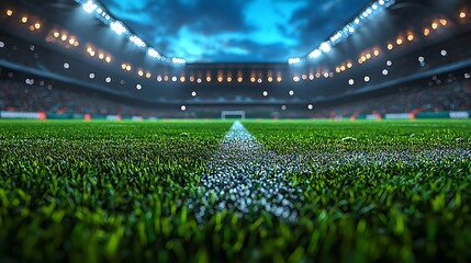Vibrant stadium illuminated pitch awaits play