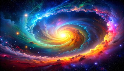 A vibrant, colorful spiral galaxy glowing with swirling clouds of cosmic dust and stars in deep space.