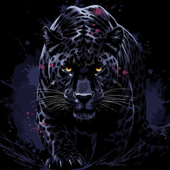 A sleek black panther emerging from shadows, highlighted with dark indigo, navy, and deep purple splashes, sharp gaze glowing.