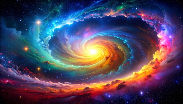 A vibrant, colorful spiral galaxy glowing with swirling clouds of cosmic dust and stars in deep space.