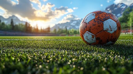 Weathered soccer ball rests on grassy field