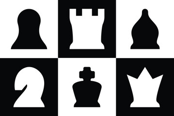 Complete chess pieces icon set include king, queen, bishop, knight, rook, pawn. Top down view for digital view. Modern simple rounded design