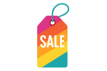 Colorful rainbow sale tag hanging by string, transparent backdrop highlighting retail pricing label