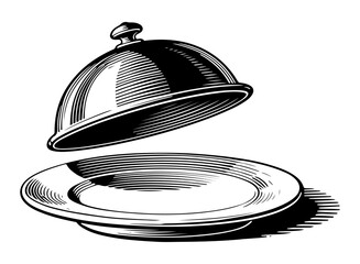 Hand holding silver cloche vector engraving style illustration
