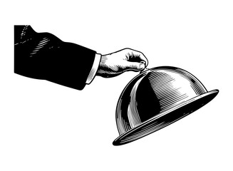 Hand holding silver cloche vector engraving style illustration