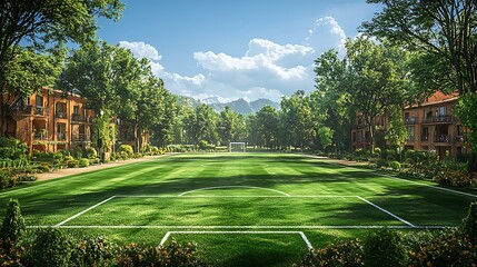 Luxurious soccer field nestled among European buildings