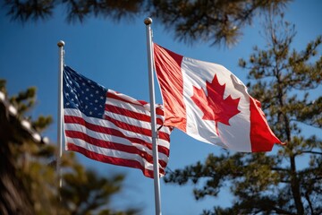American and Canadian Flags Waving in the Breeze Against a Clear Blue Sky, Symbolic of International Relations and North American Unity