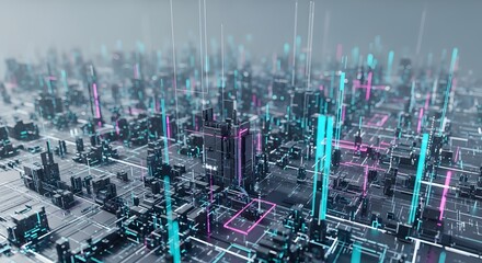 Fototapeta premium Futuristic city with glowing neon lines and tall structures