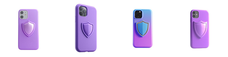 3D Hyper-Realistic Security Shield Icon on Purple Phone Case &ndash; Isolated on Transparent Background PNG

