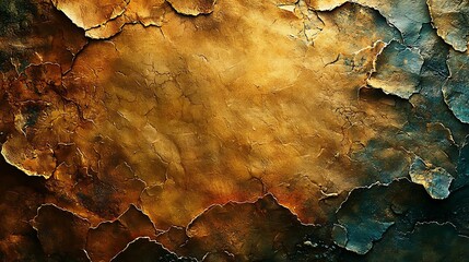 Textured surface with peeling earthtoned and bluegreen layers
