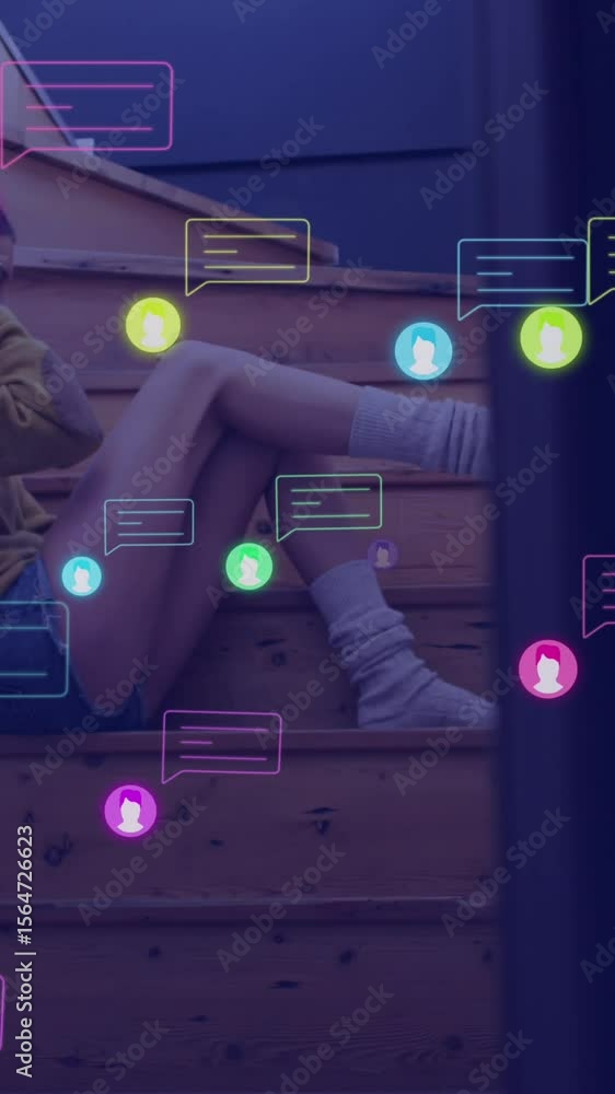 Poster animation of social media icons and data processing over caucasian woman using smartphone