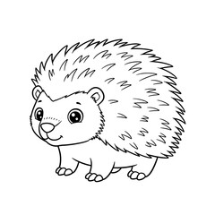 Cartoon-style line art of a cheerful hedgehog with big eyes, spiky quills, and a friendly smile, standing on short legs.
