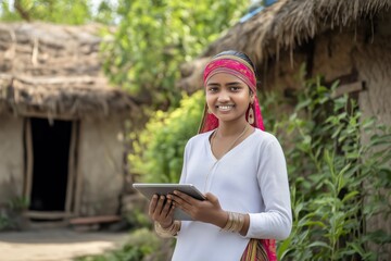 Fototapeta premium Young girl with tablet smiles in front of traditional rural home surrounded by greenery