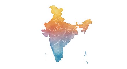 Watercolor India Map with State Borders and Gradient Color Scheme on White Background