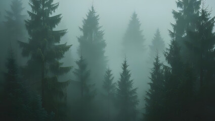 Fototapeta premium A dense, misty forest scene with tall, dark green evergreen trees
