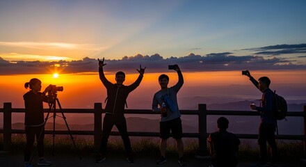 Golden Hour Adventure: Five Friends at Scenic Mountain Overlook Celebrating Sunset with Tripod Photography, Selfies and Vibrant Sky Backdrop for Travel and Lifestyle Inspiration, sunset at the beach .