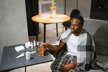 Flu and cold. Ill African American man widow. Cold treatment concept