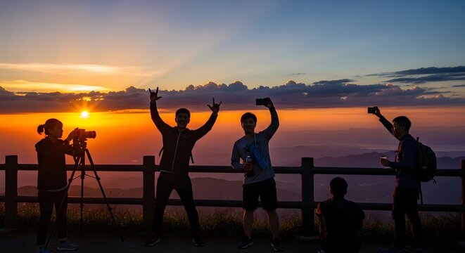 Golden Hour Adventure: Five Friends at Scenic Mountain Overlook Celebrating Sunset with Tripod Photography, Selfies and Vibrant Sky Backdrop for Travel and Lifestyle Inspiration, sunset at the beach .
