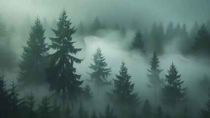 A dense, misty forest scene with tall, dark green evergreen trees