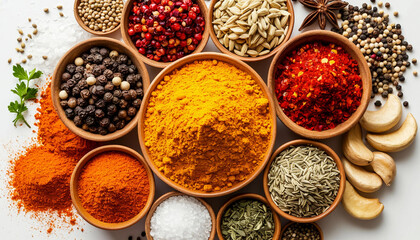 Fototapeta premium Asian or Indian spices set top view on white background