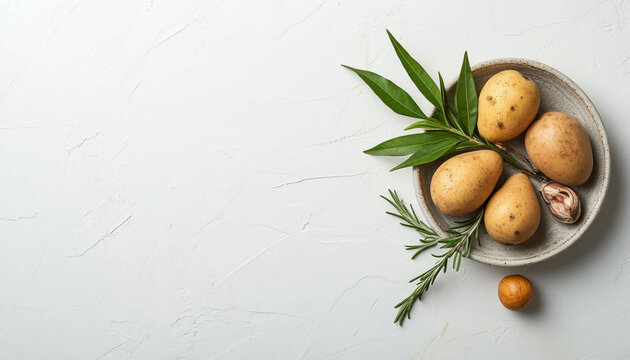 raw potatoes in a bowl top view on white background