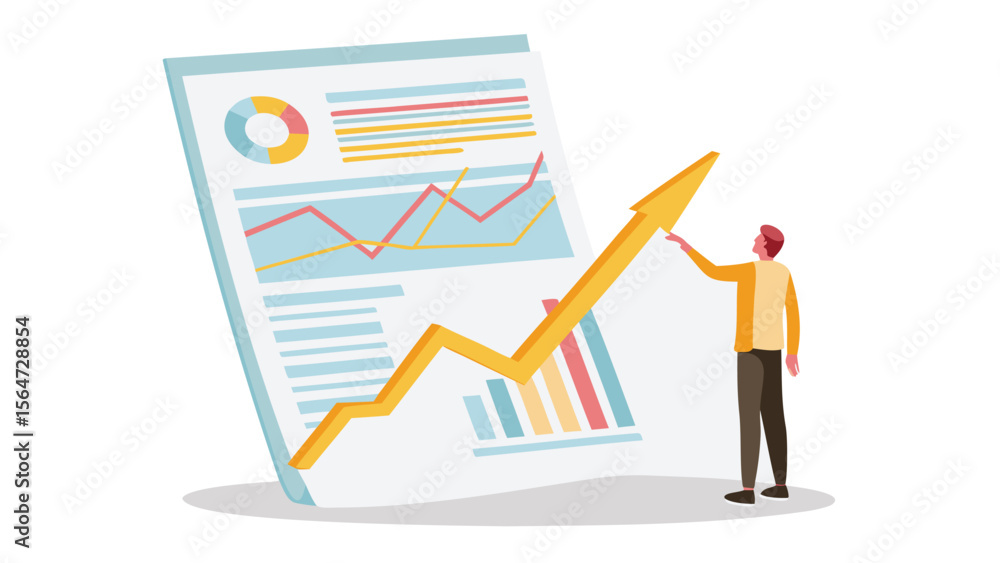Poster man pointing at a large financial report with charts and an upward trending arrow showing growth