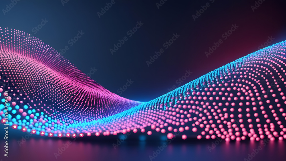 Poster a futuristic, abstract background featuring a flowing, three-dimensional wave composed of countless 