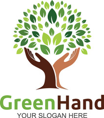 Obraz premium Logo showcasing two hands forming a tree with green leaves against a white background and text below it