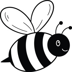 A simple black and white cartoon drawing of a bee with stripes and small wings on a white background