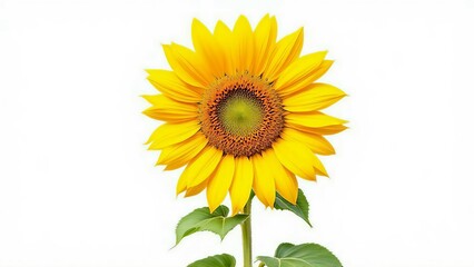 Obraz premium Vibrant yellow sunflower with green leaves isolated on white background