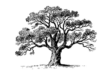 Oak tree vector engraving style illustration