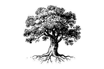 Oak tree vector engraving style illustration