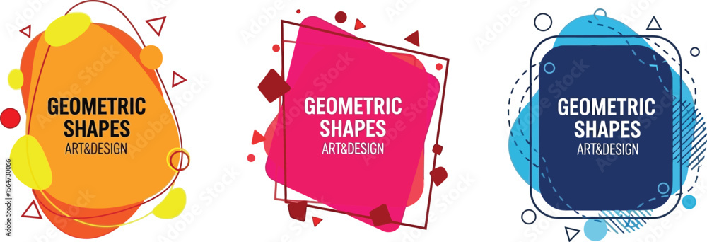 Poster three abstract geometric shapes with art and design text on a white background design element