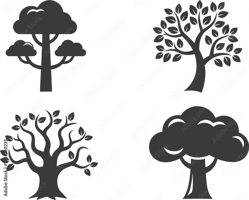 Poster four tree silhouettes with different styles of branches and leaves on a white background vector art