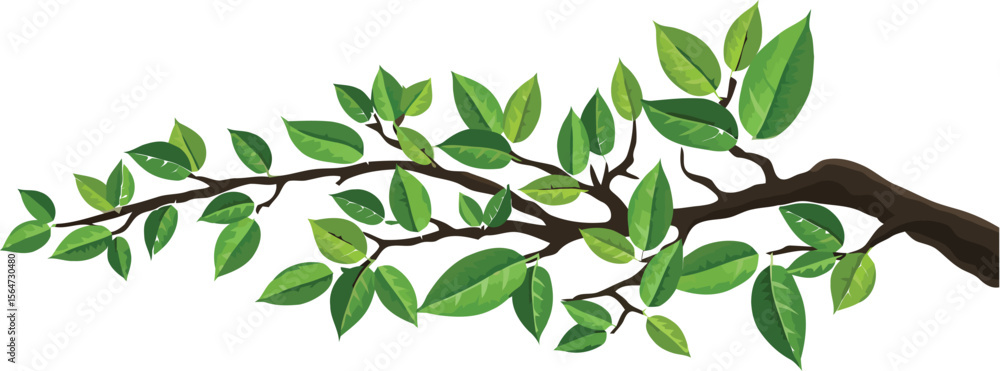 Poster a branch with green leaves extending across a white background in a nature illustration style image