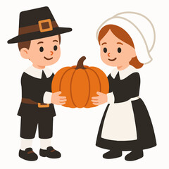 Pilgrim children holding pumpkin harvest thanksgiving autumn