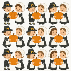 Pilgrim children with pumpkins seamless pattern for Thanksgiving