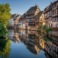 Obraz premium A stunning view of the iconic houses along the canal. The buildings showcase a blend of architectural styles, and the tranquil water reflects their beauty