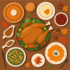 Thanksgiving feast flat lay autumn harvest dinner table