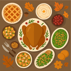 Thanksgiving feast flat lay autumn harvest dinner table