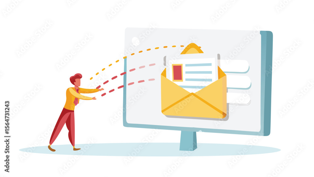 Aufkleber illustration of a person sending an email via a computer screen with an envelope graphic shown
