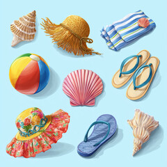 Obraz premium Summer Beach Vacation Essentials , PNG isolated cut out image