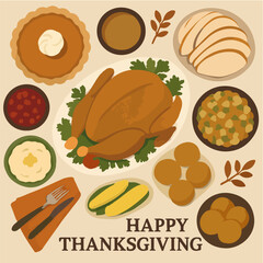 Thanksgiving feast flat lay with turkey and traditional dishes