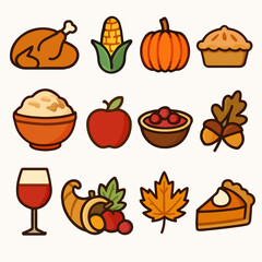 Thanksgiving feast icons set autumn harvest food elements