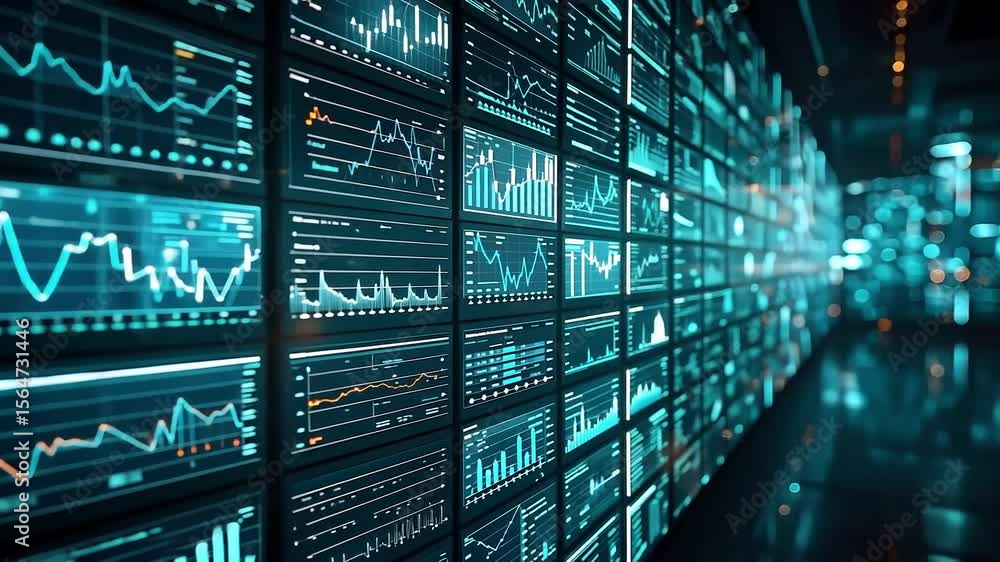 Poster digital screens wall displaying charts and graphs