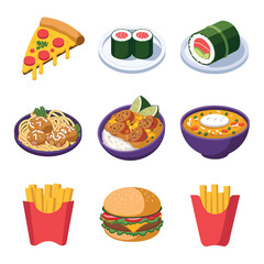 vector icons cooking food chef hat include a pizza slice, a sushi roll, spaghetti and meatballs, a curry bowl burger , fish 
