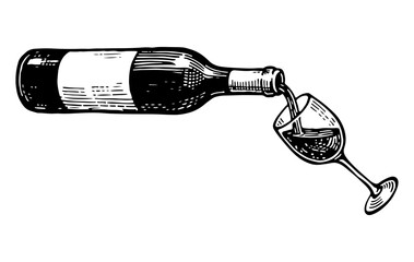 Wine bottle vector engraving style illustration