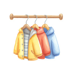 Three watercolor jackets hang on a wooden rack, showcasing vibrant yellow, red, and blue hues. A cozy autumnal feel.