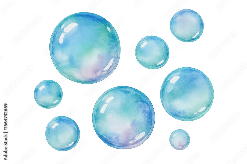 Poster set of translucent soap bubbles painted with watercolor technique, floating on a transparent backgro